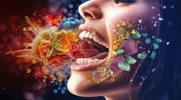 an image of the oral microbiome showing a close up of a woman with her mouth open and bacteria moving in and out of the mouth