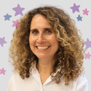 an image of dr sara johnstone wearing a white shirt in front of a light grey background with purple star details