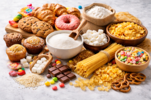 an image of foods with high sugar content and processed carbohydrates including bread, pasta, baked goods and chocolate