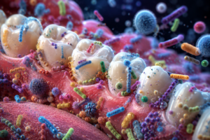 a diagram of the oral microbiome also showing teeth and molars 