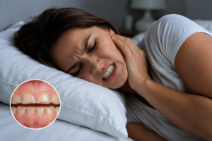 a woman laying in bed suffering from bruxism and tooth griding wearing a white tshirt showing facial expressions that depict pain