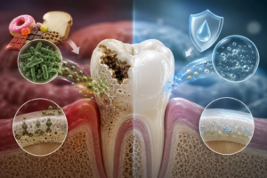 a diagram showing what causes a dental cavity compared to a healthy tooth